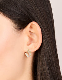 Gold Plated Small Pink  Enamel & Cubic Zirconia Butterfly Earrings - link has visual effect only
