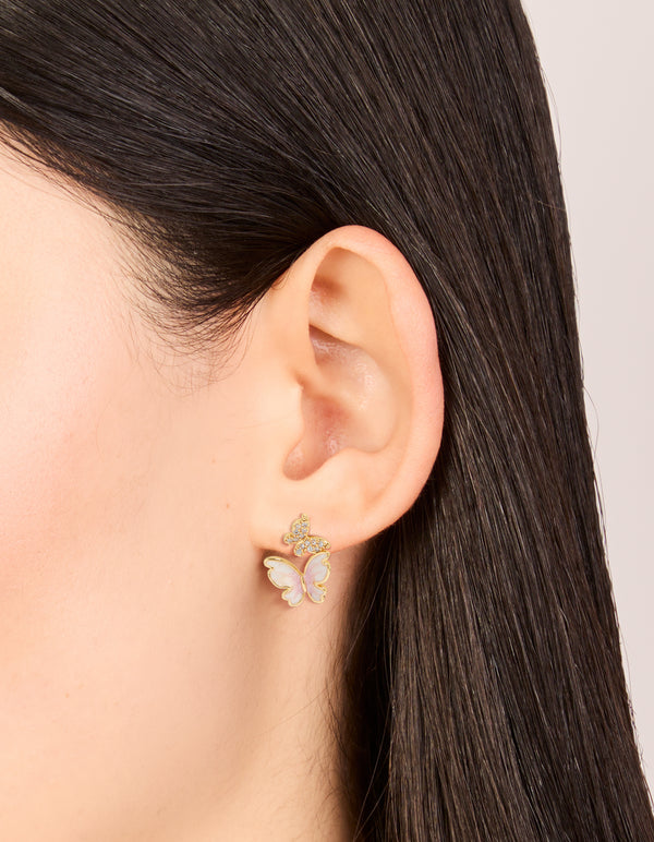 Gold Plated Small Pink  Enamel & Cubic Zirconia Butterfly Earrings