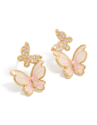 Showcasing small butterfly stud earrings in gold plated finish with pink enamel and cubic zirconia front view - link has visual effect only