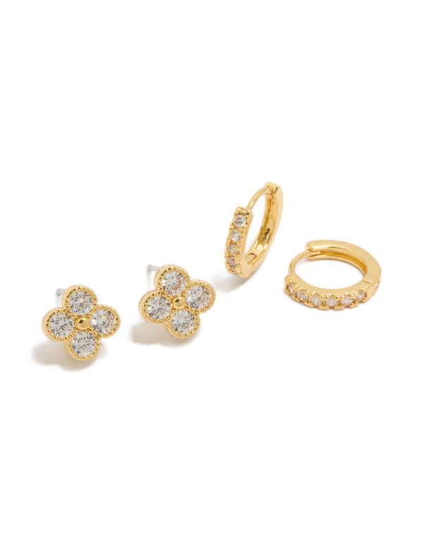 Showcasing floral cubic zirconia studs and huggie in a 2-pack set front view
