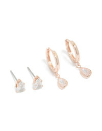 Rose Gold Plated Cubic Zirconia Teardrop Stud & Huggie Earrings 2-Pack featuring charm design in gold front view - link has visual effect only
