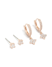 Showcasing dainty rose gold plated cubic zirconia studs and flower huggie earrings 2-pack featuring floral and crystal accents front view - link has visual effect only
