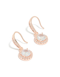 Showcasing rose gold plated cubic zirconia round halo drop earrings detail view - link has visual effect only
