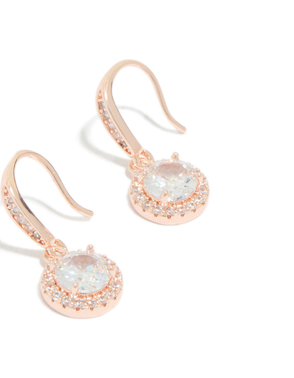 Showcasing rose gold plated cubic zirconia round halo drop earrings detail view