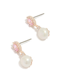 Stunning rose gold plated cubic zirconia freshwater pearl halo drop earrings in statement style front view - link has visual effect only