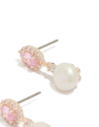 Beautiful rose gold plated cubic zirconia freshwater pearl halo drop earrings featuring statement craftsmanship post detail view - link has visual effect only