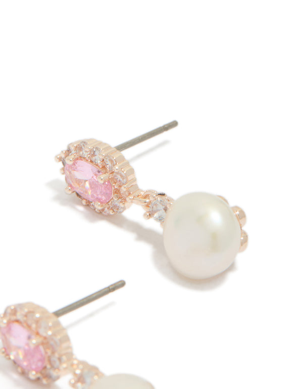 Beautiful rose gold plated cubic zirconia freshwater pearl halo drop earrings featuring statement craftsmanship post detail view