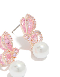 Rose Gold Plated Cubic Zirconia Butterfly Pearl Drop Earrings - link has visual effect only