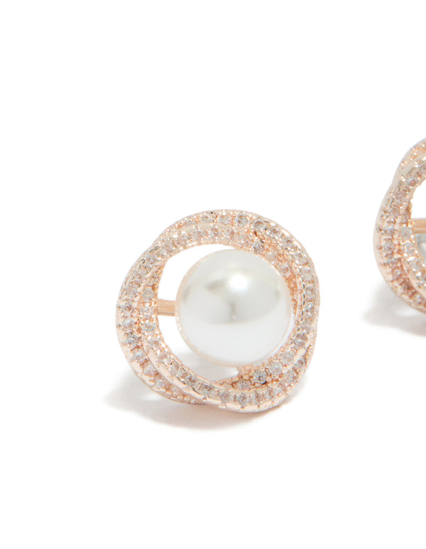 Rose Gold Plated Cubic Zirconia Twist Pearl Stud Earrings
