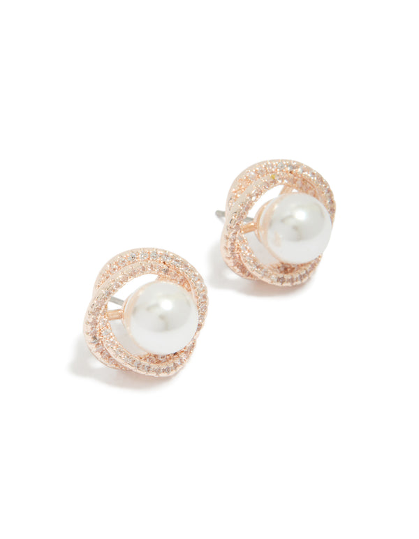 Rose Gold Plated Cubic Zirconia Twist Pearl Stud Earrings