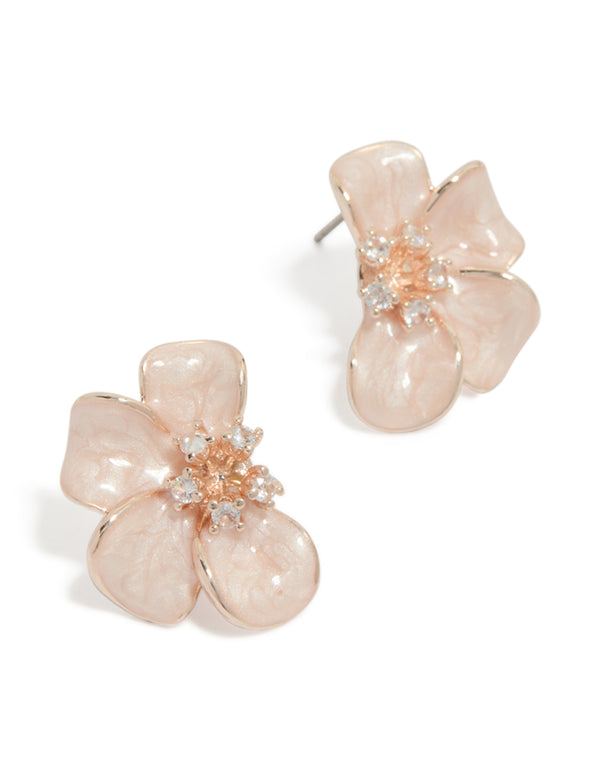 Featuring rose gold plated diamante pink half flower earrings and stud closure front view
