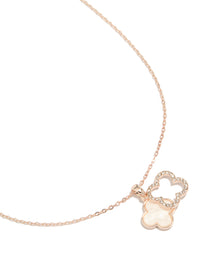 Elegant rose gold plated diamante and pink outline flower pendant necklace featuring floral with cubic zirconia close up view - link has visual effect only