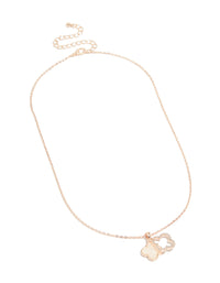 Beautiful rose gold plated diamante and pink outline flower pendant necklace with floral featuring cubic zirconia front view - link has visual effect only
