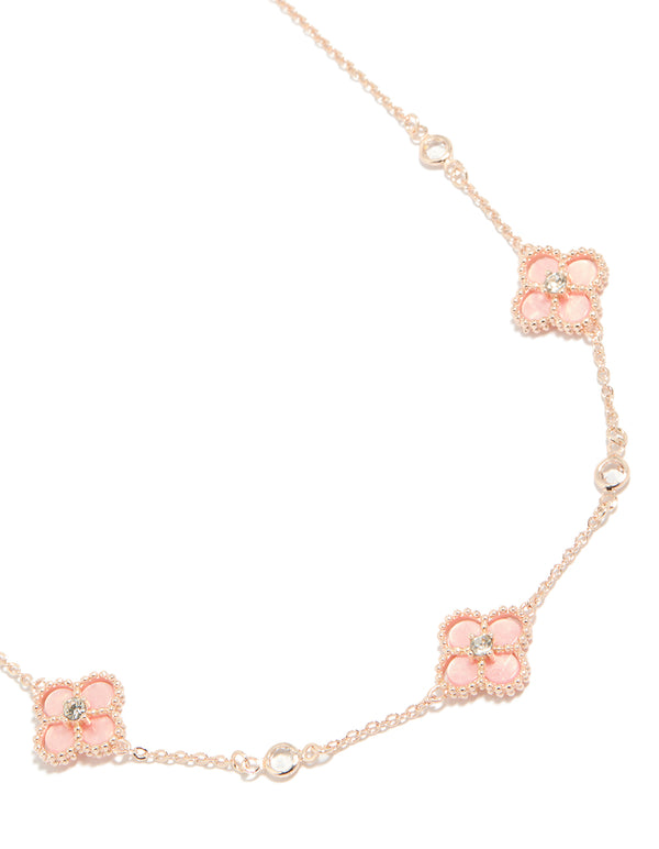 Rose Gold Plated Cubic Zirconia Centre Pink Flower Charms Necklace