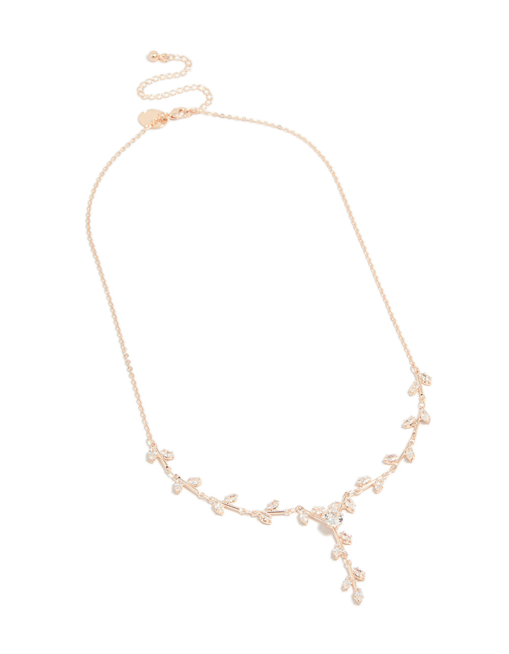 Elegant rose gold plated cubic zirconia dainty vine spaced necklace with leaf design front view