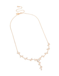 Discover a vine spaced necklace featuring floral and leaf accents, designed with cubic zirconia in rose gold plated materials, styled statement front view - link has visual effect only