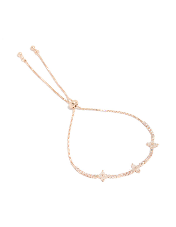 Crafted from rose gold plated metal with cubic zirconia flowers bracelet front view