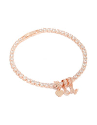 Featuring a rose gold plated cubic zirconia mixed charm tennis bracelet with butterfly and heart charms front view - link has visual effect only