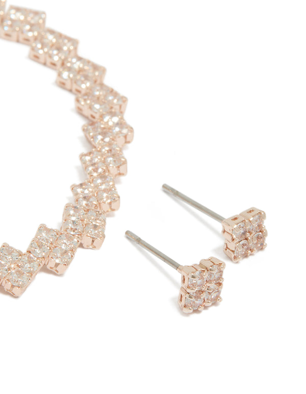 Rose Gold Plated Clover Tennis Bracelet & Earrings Set