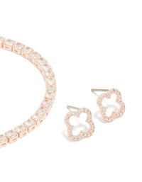 Rose Gold Plated Cubic Zirconia Open Flower Earrings & Tennis Bracelet Set - link has visual effect only