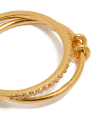Elegantly designed gold plated sterling silver cubic zirconia double link ring with charm accents close up view - link has visual effect only