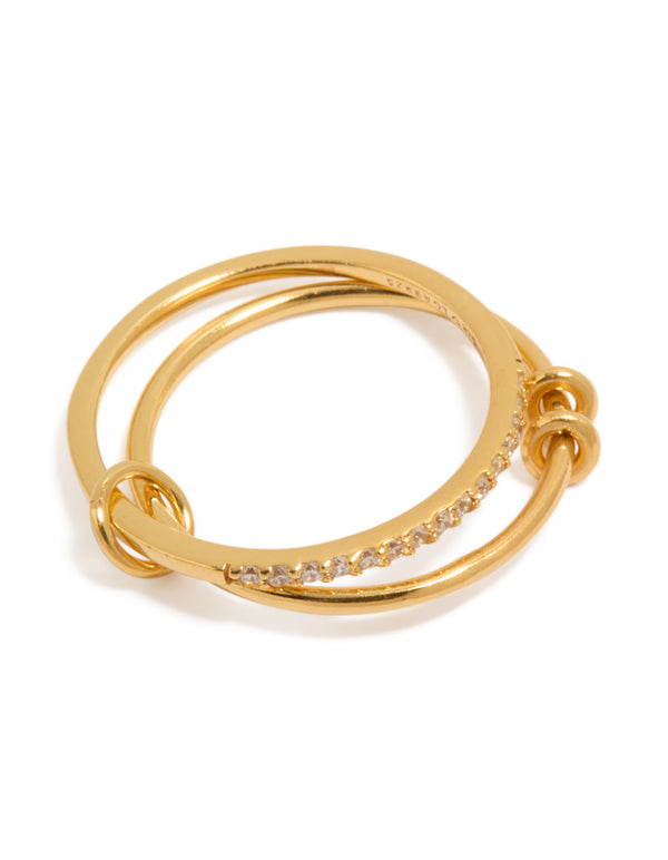 Beautifully crafted gold plated sterling silver cubic zirconia double link ring with charm detailing front view