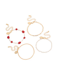 Gold Dainty Pearl & Red Beaded Chain Bracelets 4-Pack - link has visual effect only