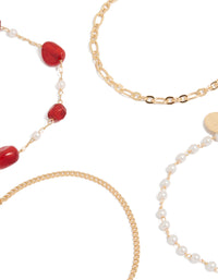 Gold Dainty Pearl & Red Beaded Chain Bracelets 4-Pack - link has visual effect only