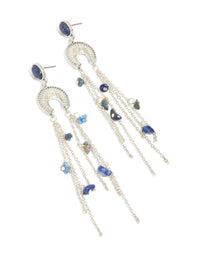 Featuring statement silver drop earrings with crescent design, beaded details, semi precious stones and tassel accents front view - link has visual effect only