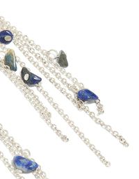 Designed with statement style these silver drop earrings with crescent design, beaded details, semi precious stones and tassel accents in post detail view - link has visual effect only