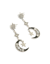 Discover antique silver edgy star moon drop earrings featuring celestial charm design front view - link has visual effect only