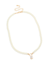 Gold Cubic Zirconia Dainty Pearl Pendant Necklace - link has visual effect only