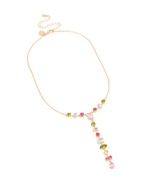 Featuring a cubic zirconia mismatched colourful stones necklace in gold front view - link has visual effect only