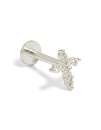 Crafted from sterling silver featuring cross detail with cubic zirconia embellishments and flat back closure front view - link has visual effect only