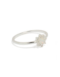 Elegant sterling silver cubic zirconia faux opal star ring with celestial design side detail view - link has visual effect only