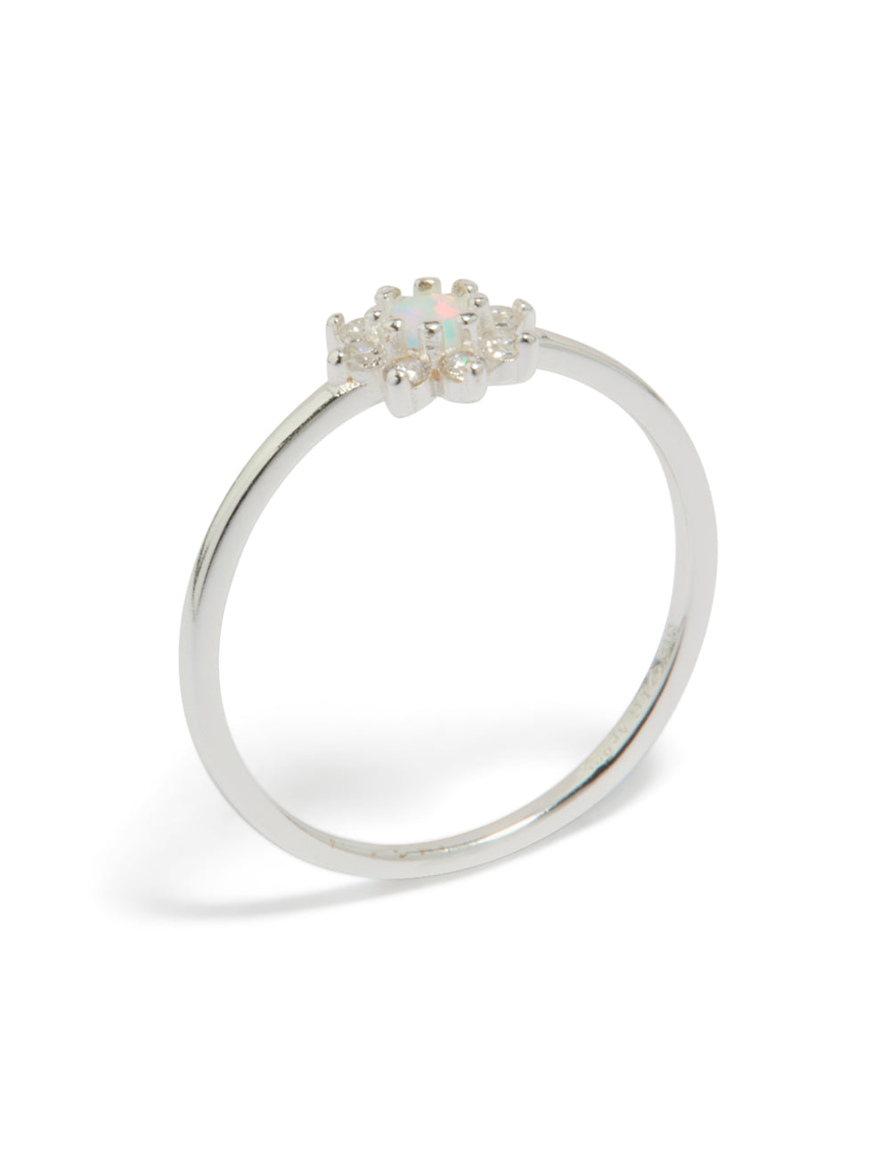 Beautifully crafted sterling silver cubic zirconia faux opal star ring with celestial design in white and ivory front view