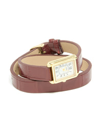 Discover a women's analog watch with white roman dial, rectangle shape, brown leather strap, and gold accents crafted from PU material for formal occasions front view - link has visual effect only
