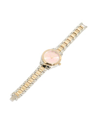 Elegant mixed metal pink face roman numeral watch with numbers on a round dial, crafted for women in casual occasions, featuring a multi-color link band and analog type front view - link has visual effect only