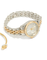 Beautifully crafted mixed metal knotted wrist cuff and watch set with silver dial featuring stone look, round shape, link band designed for women's formal occasions, analog type, silver plated material, gold accents watch face detail view - link has visual effect only
