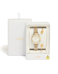 Showcasing mixed metal knotted wrist cuff and watch set with silver dial featuring stone look, round shape, link band, designed for women's formal occasions, analog type, silver plated material, gold accents case detail view - link has visual effect only
