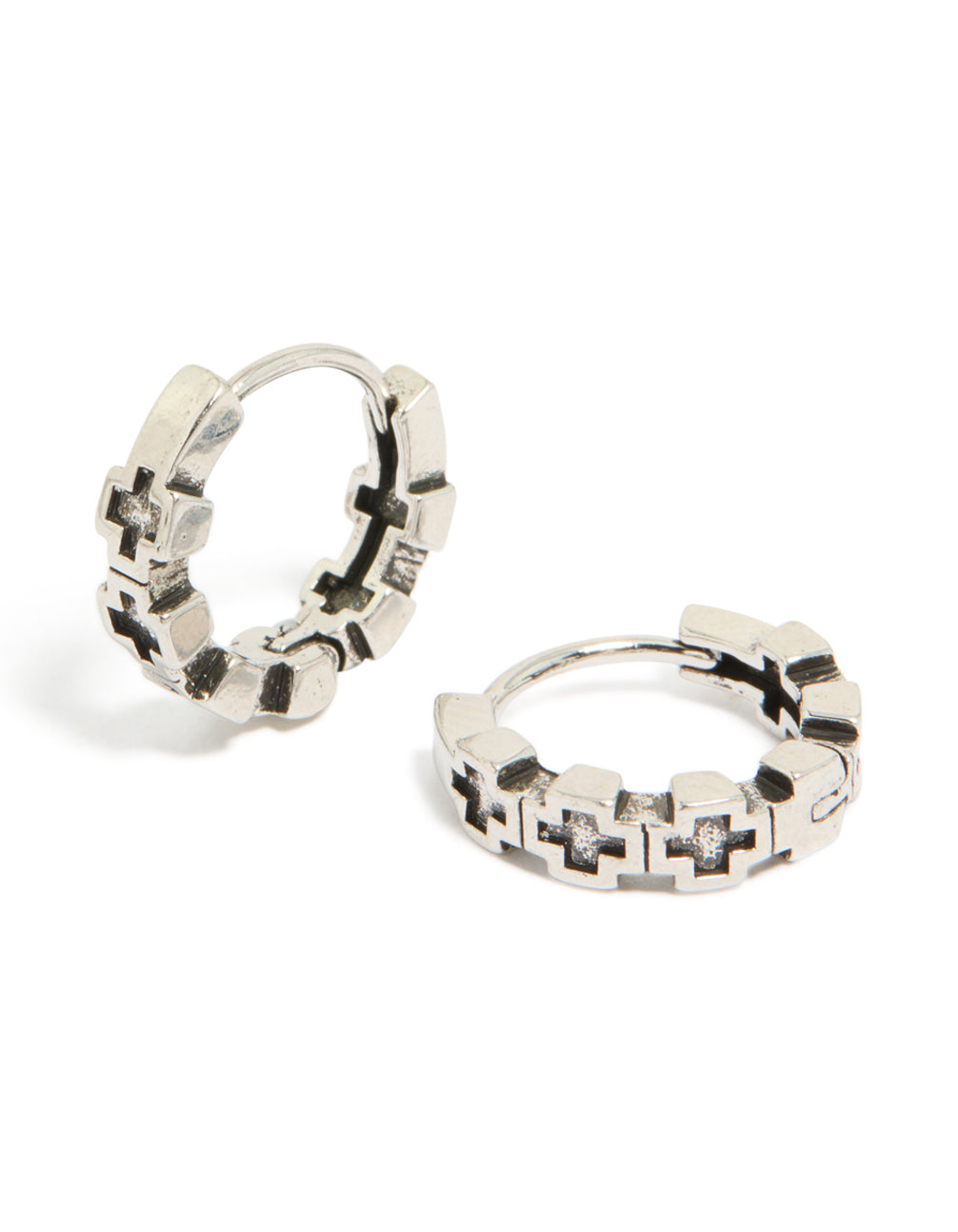 Waterproof mens brushed stainless steel multi cross huggie hoop earrings featuring black detail in silver front view