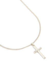 Showcasing a waterproof men's stainless steel classic plain cross pendant necklace in silver close up view - link has visual effect only
