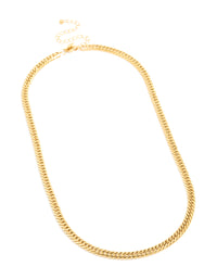 Introducing a waterproof mens smooth cuban link necklace crafted from gold plated stainless steel front view - link has visual effect only