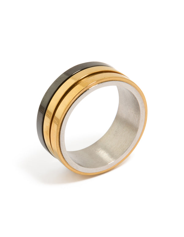 Featuring a mens waterproof gold plated and black coated stainless steel band ring with layered bands in silver side detail view