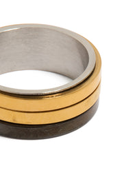 Highlighting a mens waterproof gold plated and black coated stainless steel band ring with layered bands in silver close up view - link has visual effect only