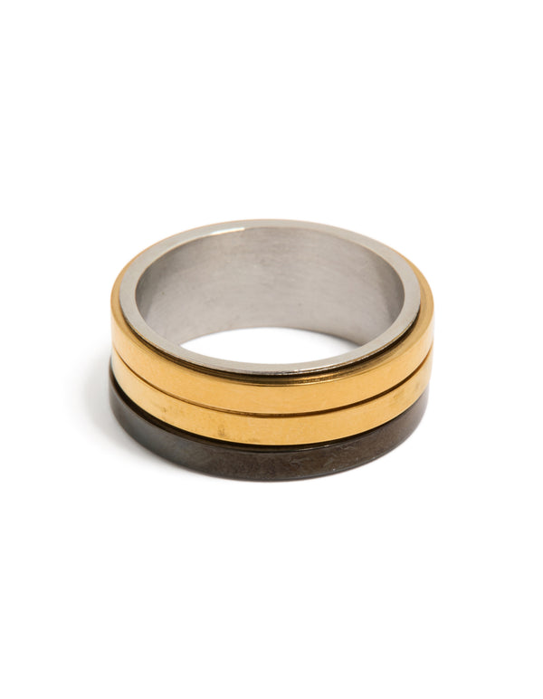 Showcasing a mens waterproof gold plated and black coated stainless steel band ring with layered bands in silver front view