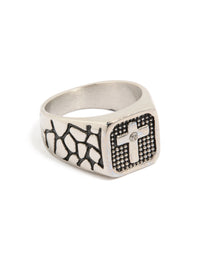 Mens Waterproof Stainless Steel Black Etched Cubic Zirconia Cross Signet Ring - link has visual effect only