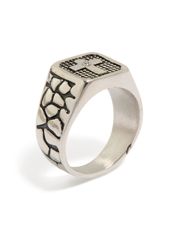 Mens Waterproof Stainless Steel Black Etched Cubic Zirconia Cross Signet Ring