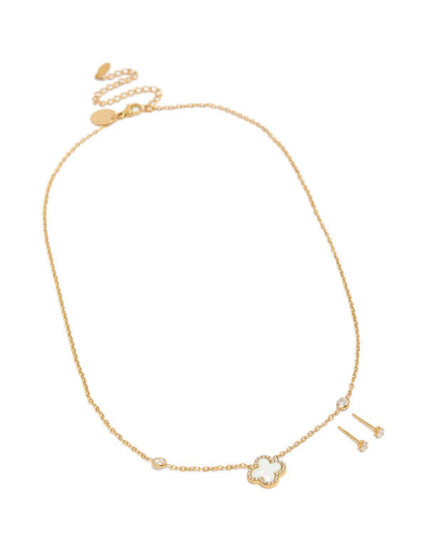 Waterproof Gold Plated Stainless Steel Flower Outline Necklace & Earrings Set