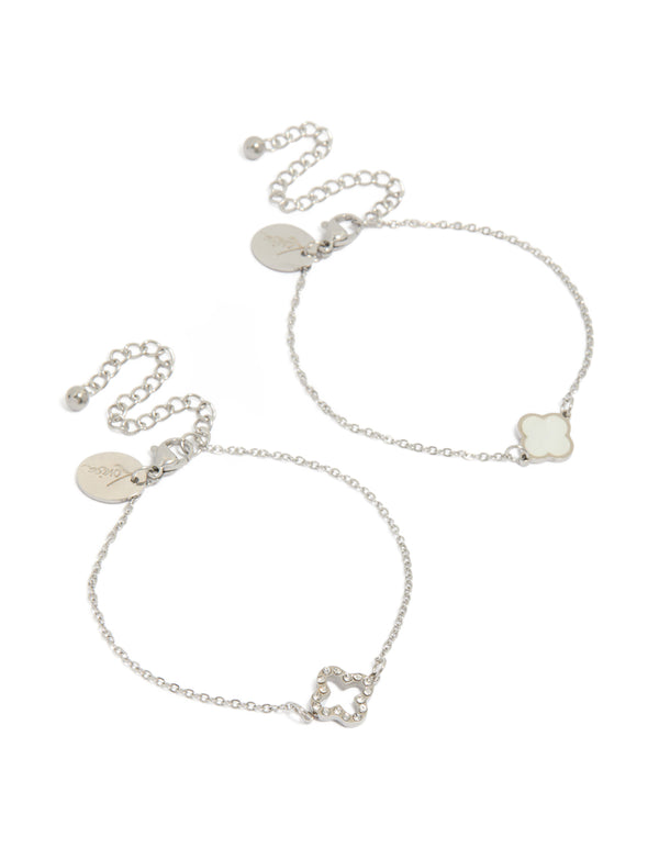Showcasing waterproof stainless steel cubic zirconia flower bracelets in a 2-pack with crystal accents, and silver ivory tones front view